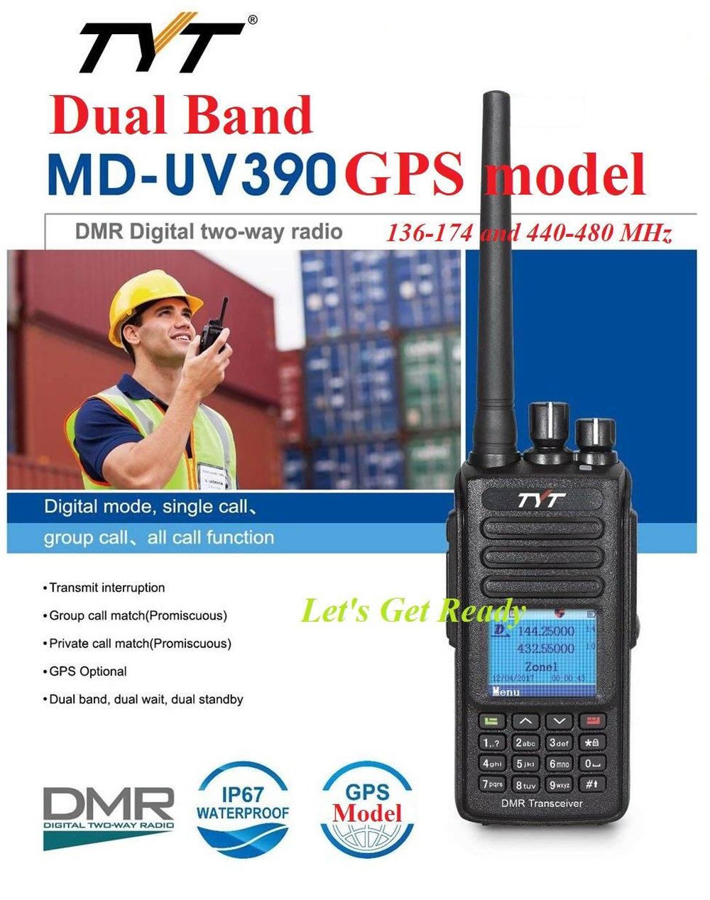 2018 Upgraded GPS TYT MD-UV390 IP67 Waterproof UV Dual Band Handheld DMR  Transceiver Two Way Radio