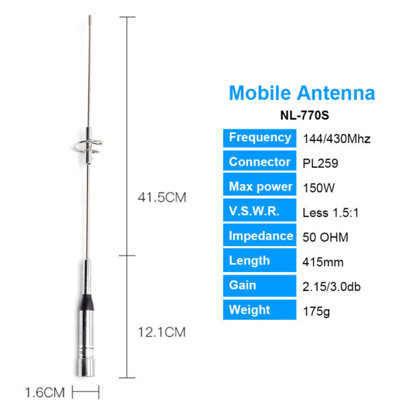 NAGOYA Antenna NL-770S Dual Band U/V 144/430MHz 150W 2.15/3.0dBi Walkie Talkie Antenna SL16/UHF-J/M Type - Image 2