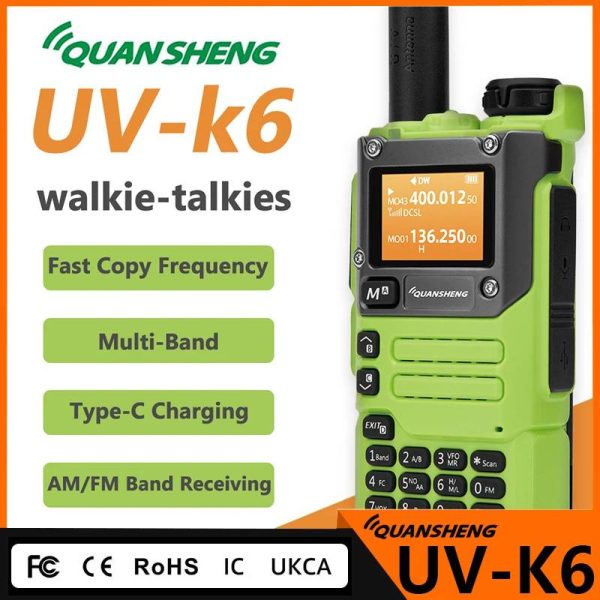Quansheng UV-K6 Walkie Talkie 5W Green Air Band Type C Charge UHF VHF DTMF FM 50-600MHz NOAA Wireless Frequency Two Way CB Radio