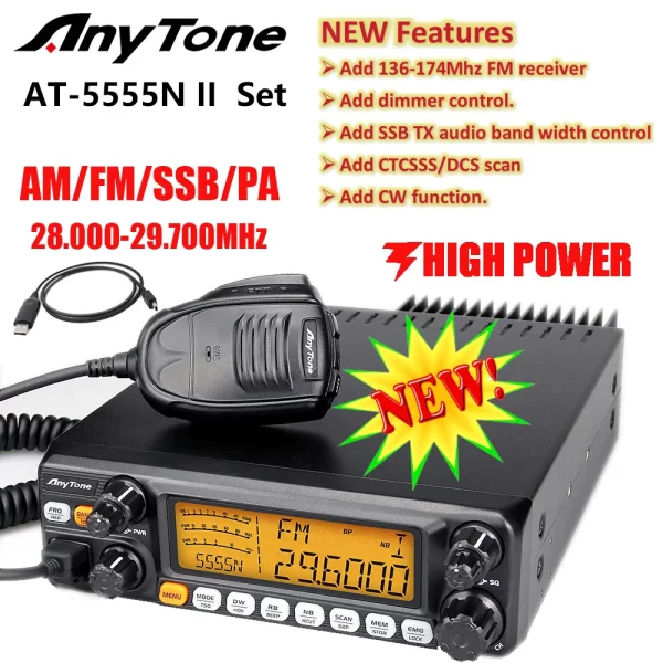 AnyTone AT-5555N II 28.000-29.700MHz 10 Meter Radio 40 Channel AM/FM/SSB/LSB/USB Mode Mobile CB Radio