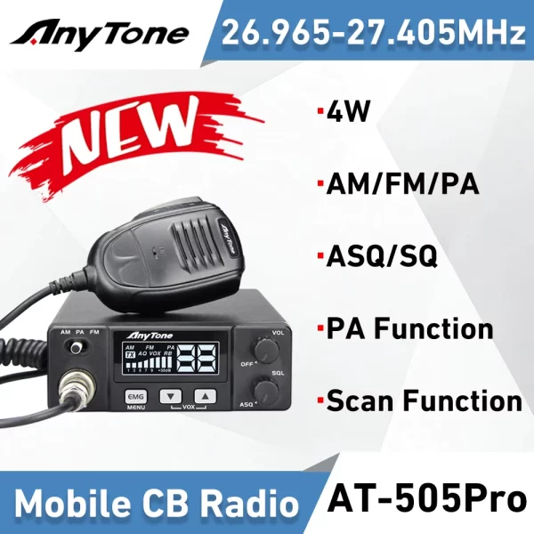 New Anytone AT-505Pro CB Radio 26.965-27.405MHz 4W 40Channels AM/FM/PA Scan Function ASQ/SQ/VOX Mobile Car Radio