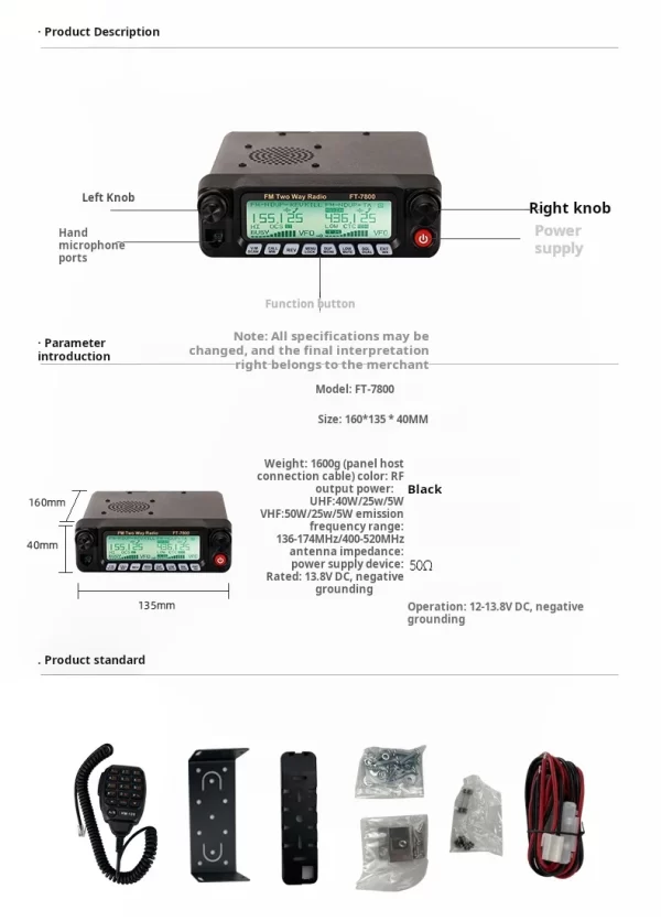 WICJIE FT-7800 High-power 50W UV Dual Band Mobile Car Walkie Talkie Free Shipping - Image 6