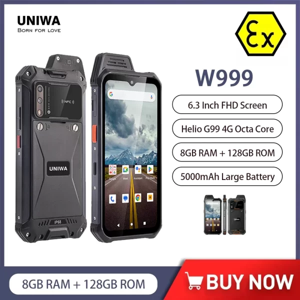 UNIWA W999 ATEX Rugged Smartphone Explosion-proof 4G 6.3 inch FHD LCD Mobile Phone Walkie Talkie 8GB 128GB Andriod 11 IP68 Waterproof 5000mAh NFC Cellphone