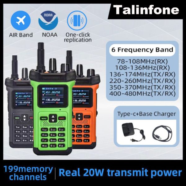 20W Real Walkie Talkie Air Band NOAA One-click replication 6 bands VHF UHF 199CHS 10800 Battery