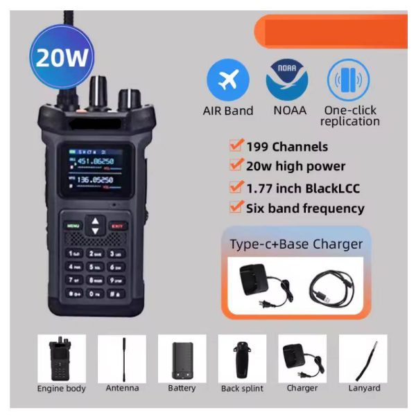 20W Real Walkie Talkie Air Band NOAA One-click replication 6 bands VHF UHF 199CHS 10800 Battery - Image 2