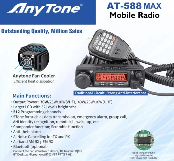 Anytone AT-588Max Mobile Radio 70W Dual Band Bluetooth Connectivity Air Band NRC 512 Channels - Image 2