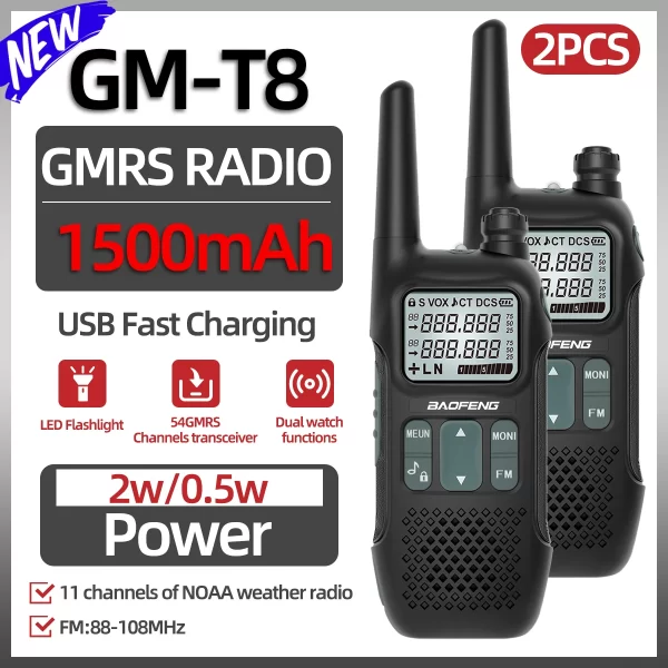 Baofeng GMRS GM-T8 Walkie Talkies NOAA Long Range Rechargable Professional GMRS Radio USB Charger for Camping Trip