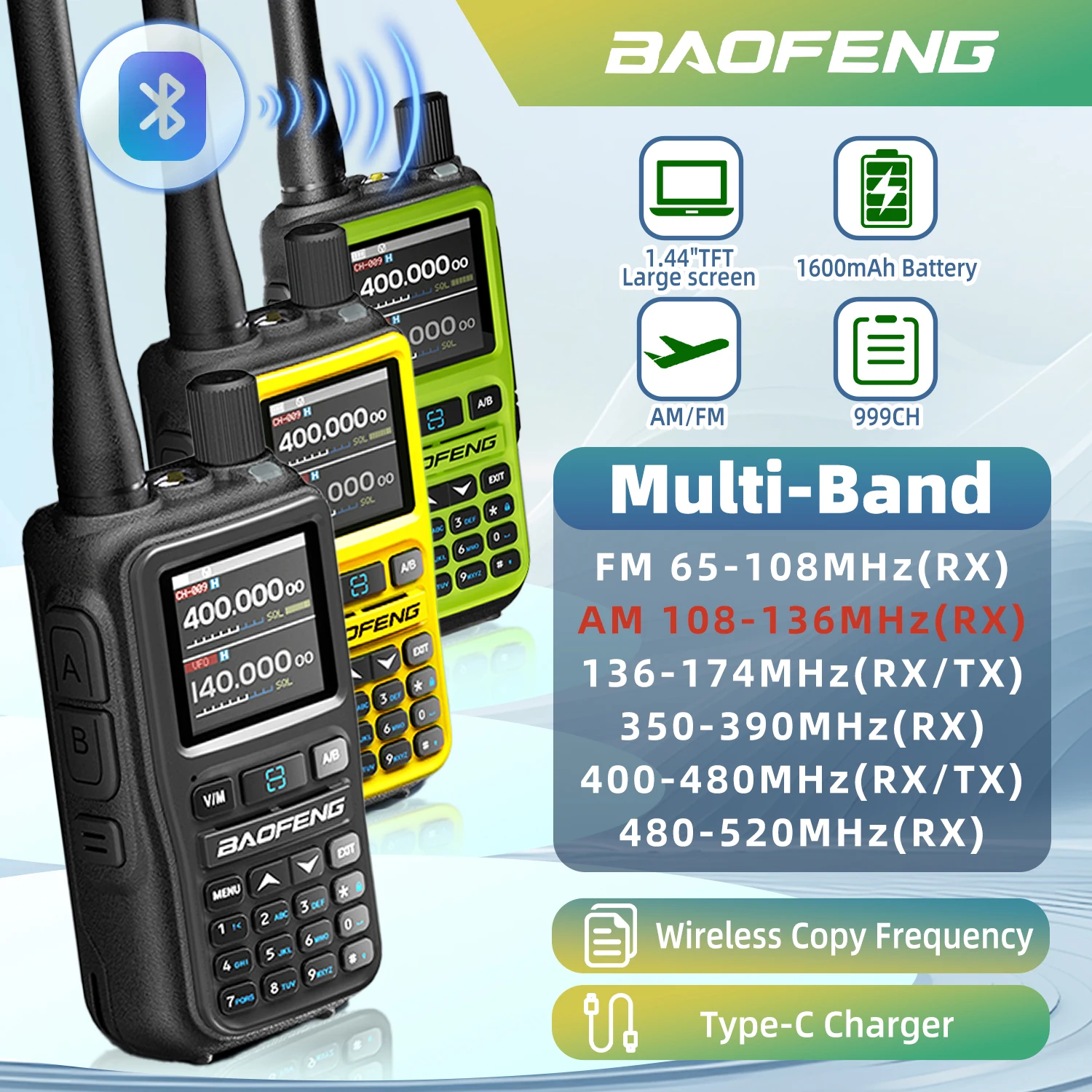 Baofeng UV-5R Mini Walkie Talkie Dual Band Dual PTT Bluetooth Programming Frequency Type-C Charger AM/FM Camping Portable Two Way Radio