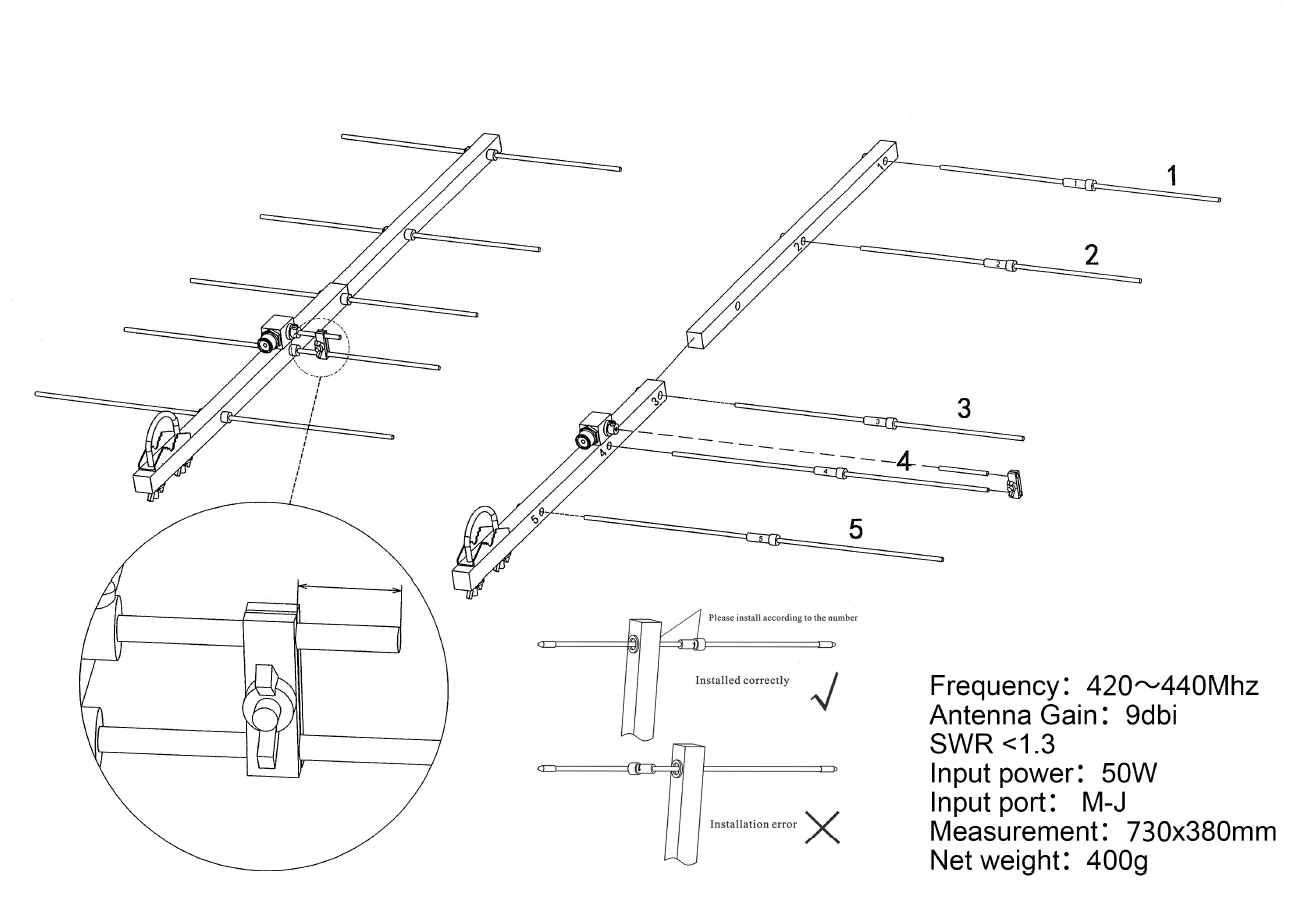 UHF 420-450MHz 5-Element Yagi Beam Antenna High Gain Adjustable Detachable Amateur Radio Antenna - Image 5